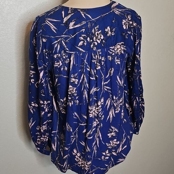 Anthropologie XS Blue Indigo Embroidered Floral Print Relaxed Blouse - Picture 4 of 7